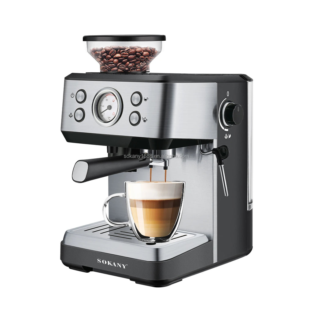 Sokany stainless steel espresso machine with integrated bean hopper, pressure gauge, and steam wand.