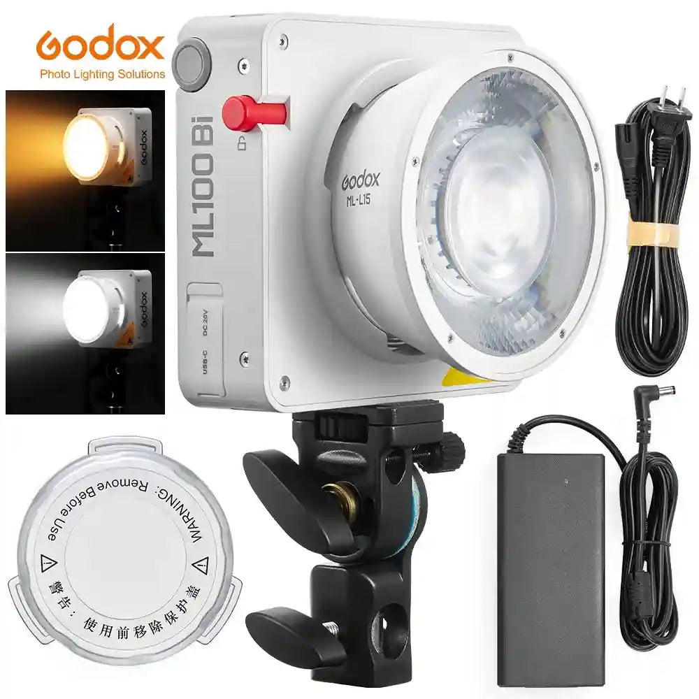 ML100 Bi white square LED video light with round lens, light stand mount, power cable, and protective cover.