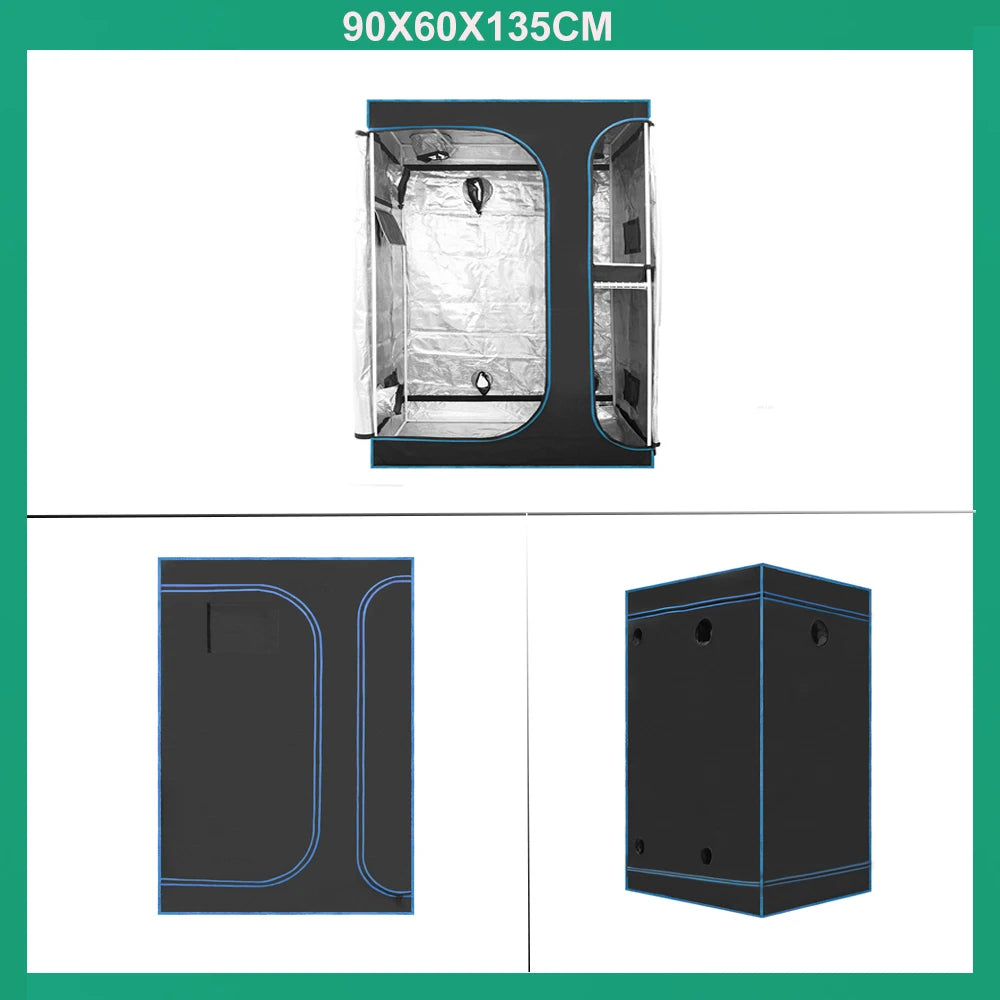 Grow tent set with dark frame and white liner, open interior and closed box view