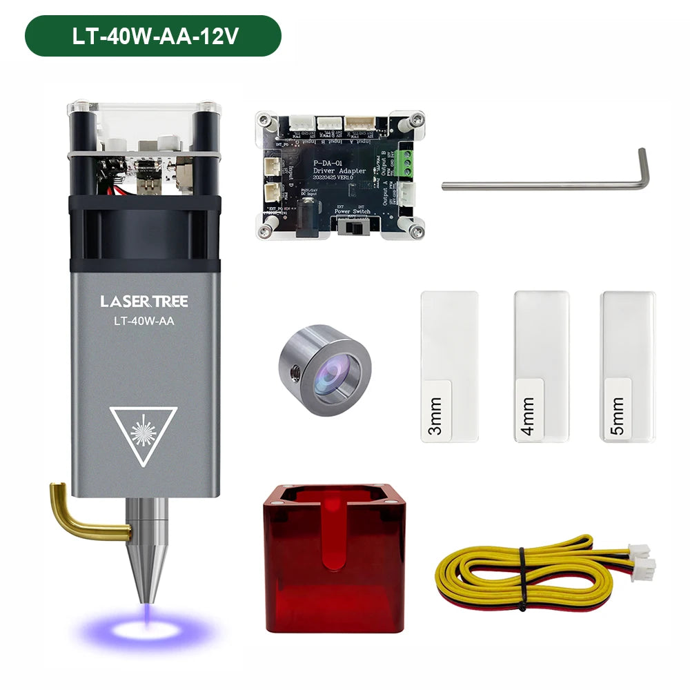 Laser module with lens, adapter board, power cable, spacing inserts, and red housing