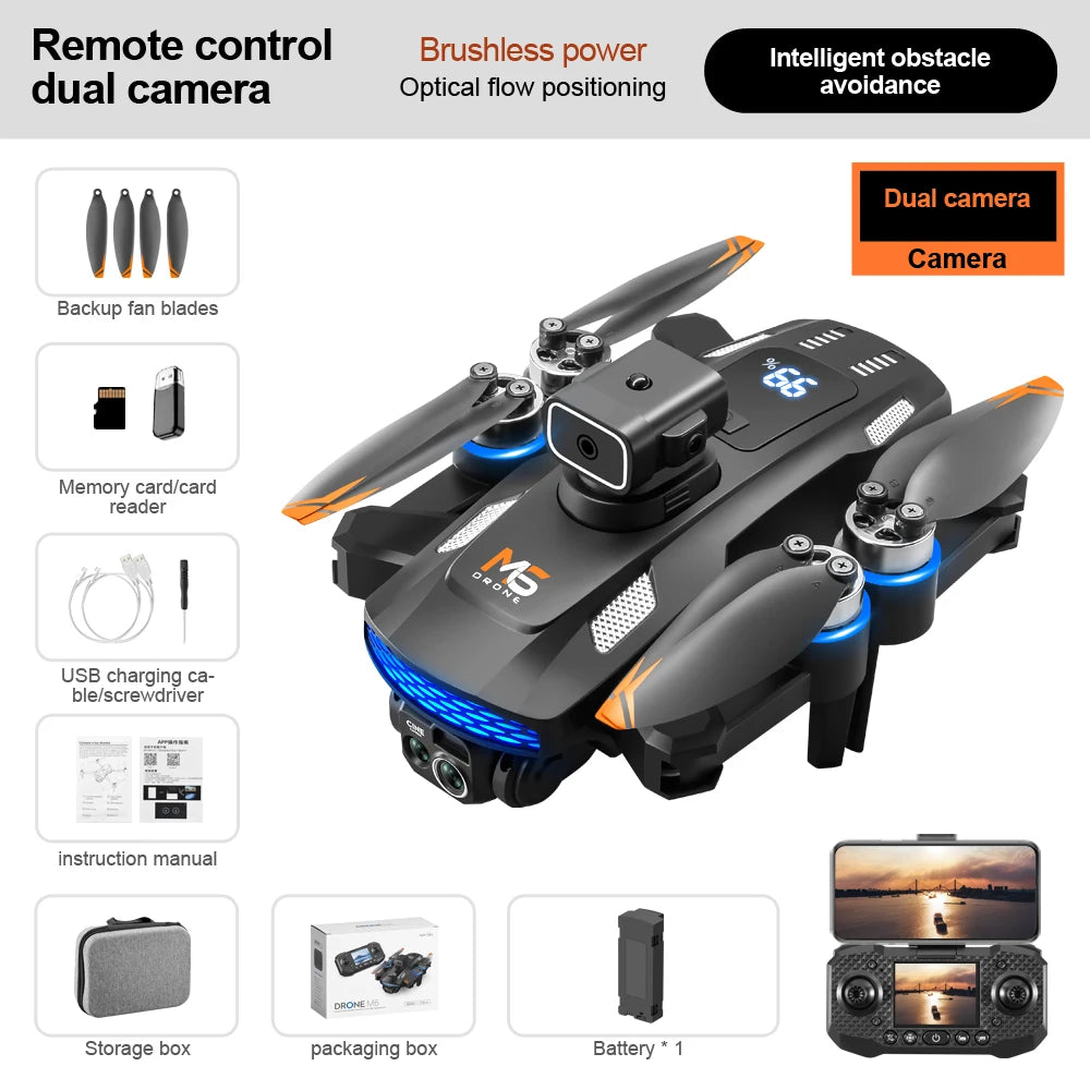 Black M5 folding drone with dual cameras, orange-tipped propellers, blue accents, remote controller, and accessories.