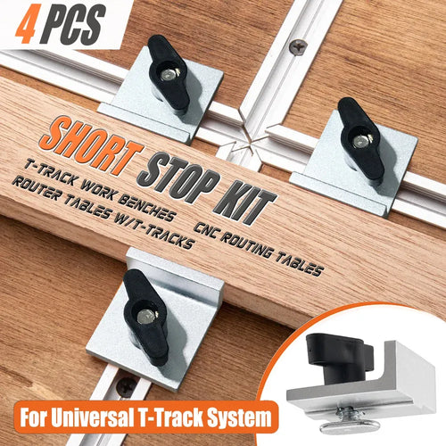 4-piece T-track short stop kit set on wood rails with black stop knobs