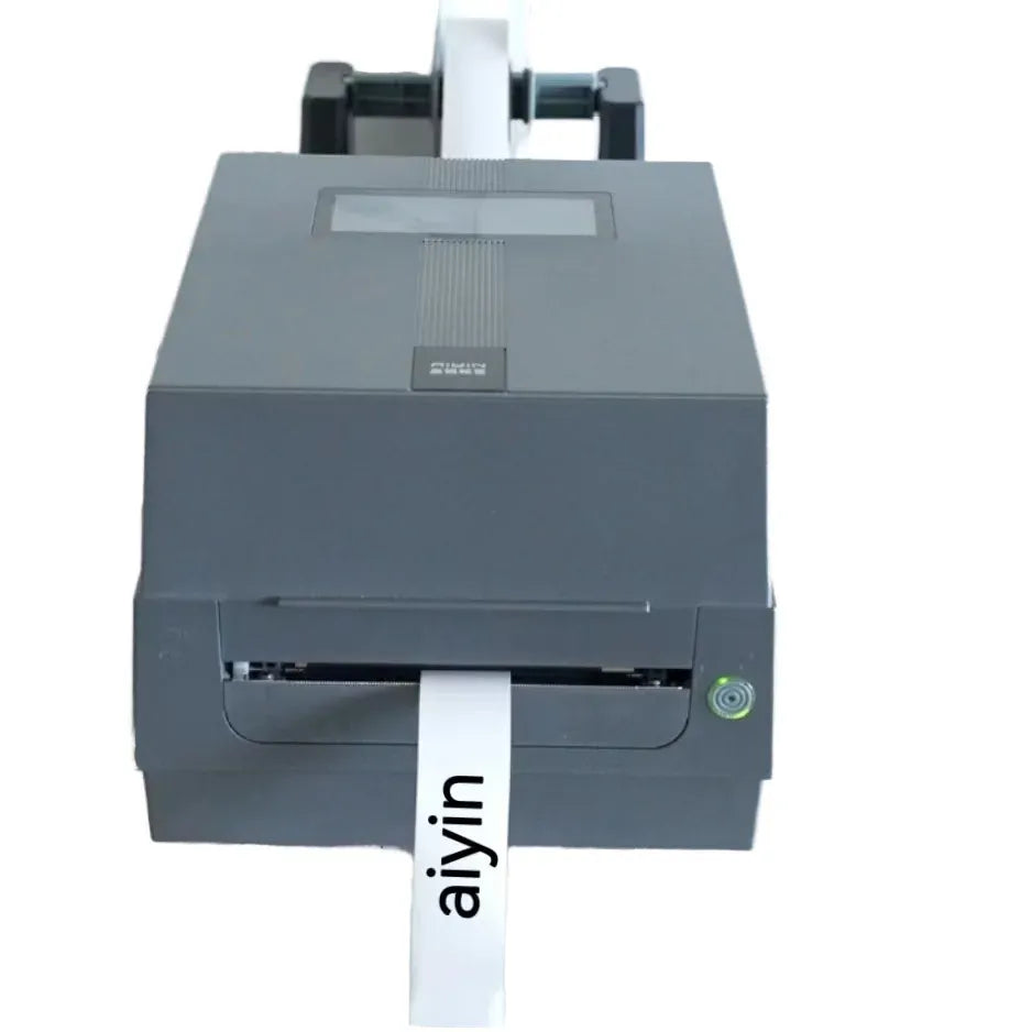 Gray desktop thermal transfer barcode label printer front with label feed slot
