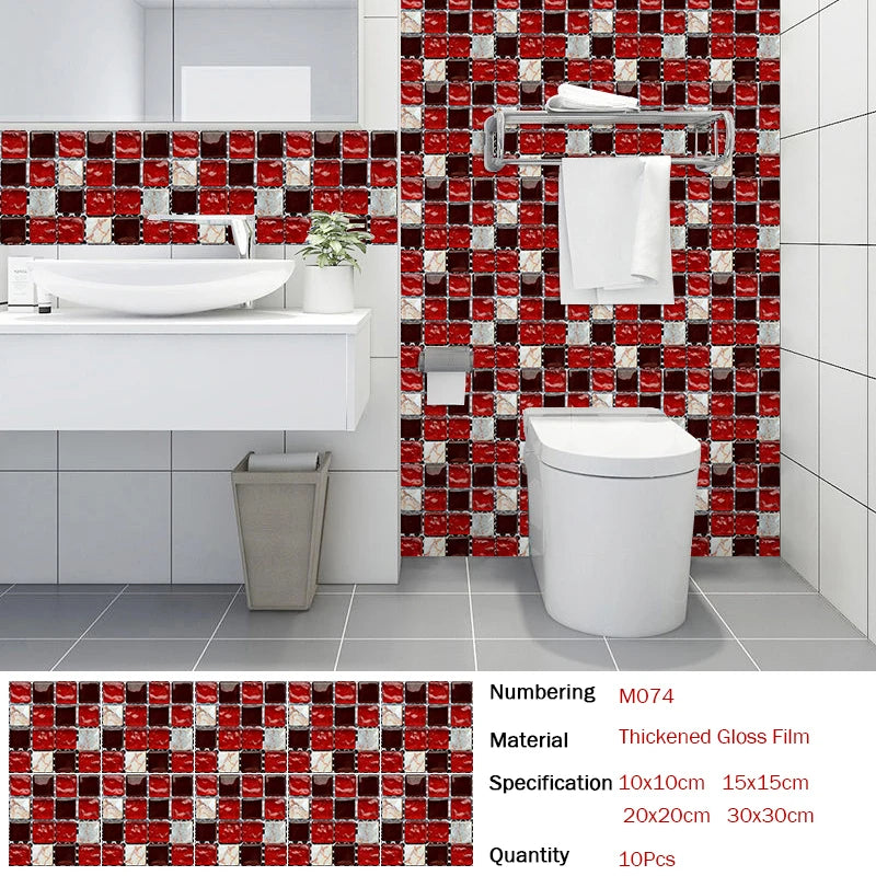 10pcs Flat Mosaic Style Tiles Sticker Kitchen Bathroom Waterproof & Oilproof Art Wall Sticker Peel & Stick Surface Glossy Film