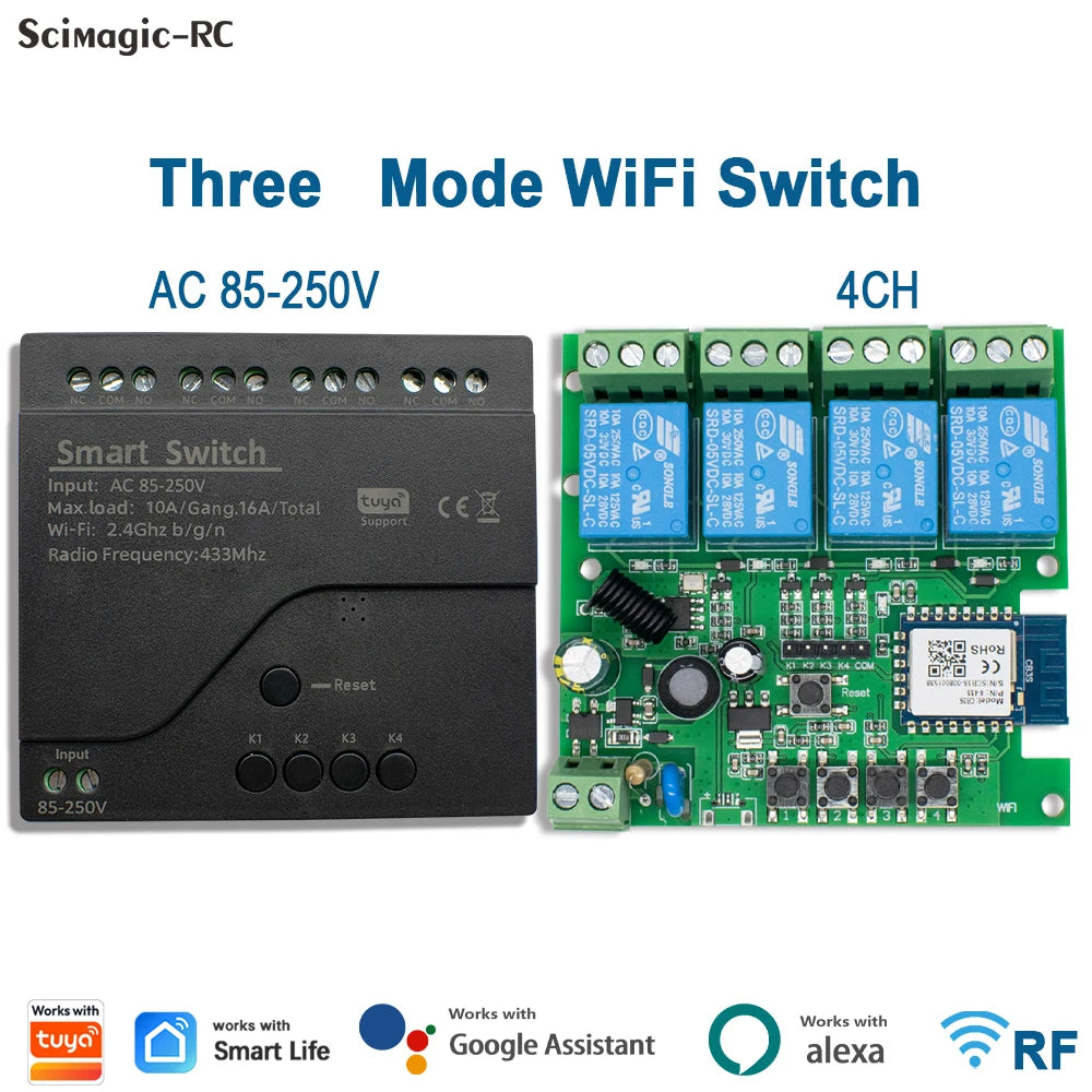 Black Style Tuya 4CH Wifi Smart Home Appliance Control Switch Module 220V 85-250V 10A Relay With Momentary Toggle Interlock Mode
