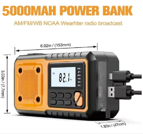 Black and orange 5000mAh emergency hand crank radio with digital display, charging cables, and dimensions labeled.