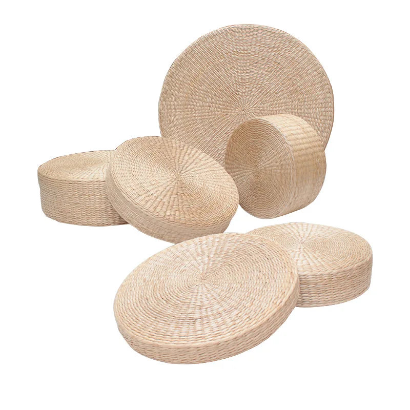 Round Woven Rush Cushion Meditation Zafu Yoga Mat for Floor Tatami Kneeling Tea Ceremony Zen Window Seat
