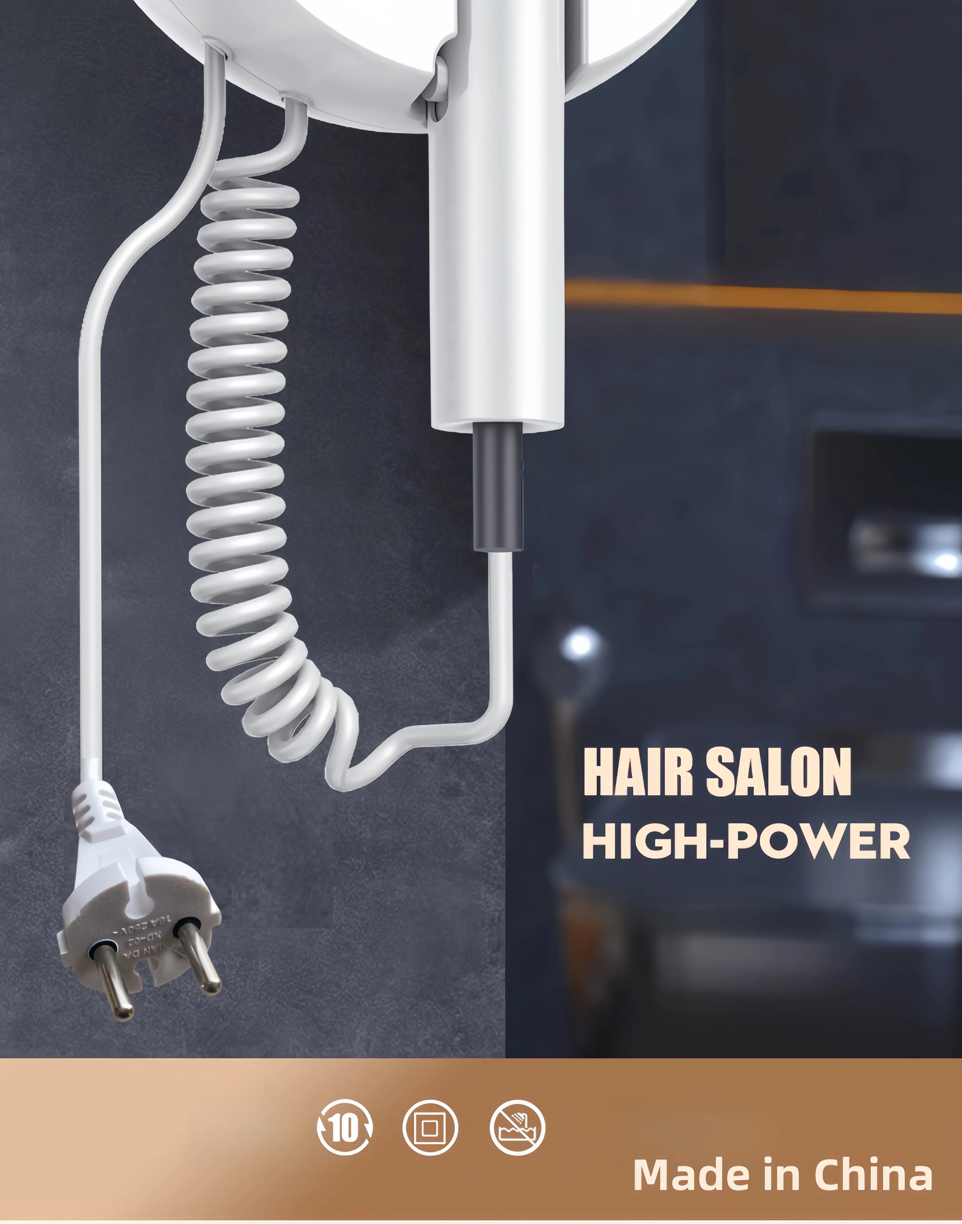 White wall-mounted 1800W hair dryer with coiled cord and European plug for hotel or home bathroom use.