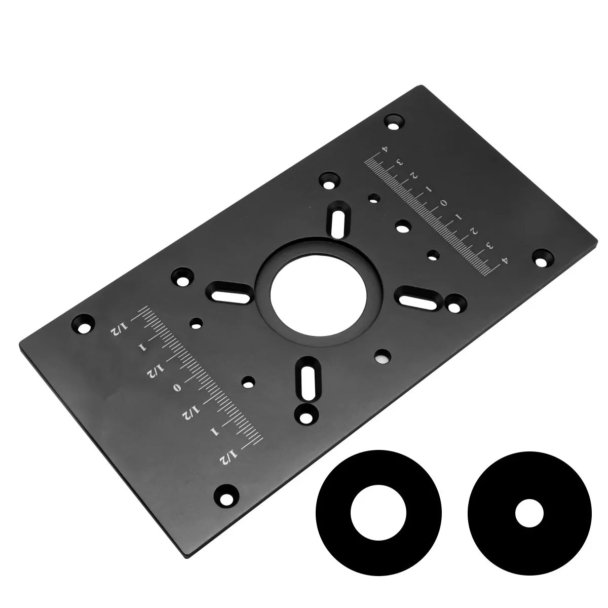 Black aluminum router lift insert plate with center opening, slot cutouts, and measurement scale