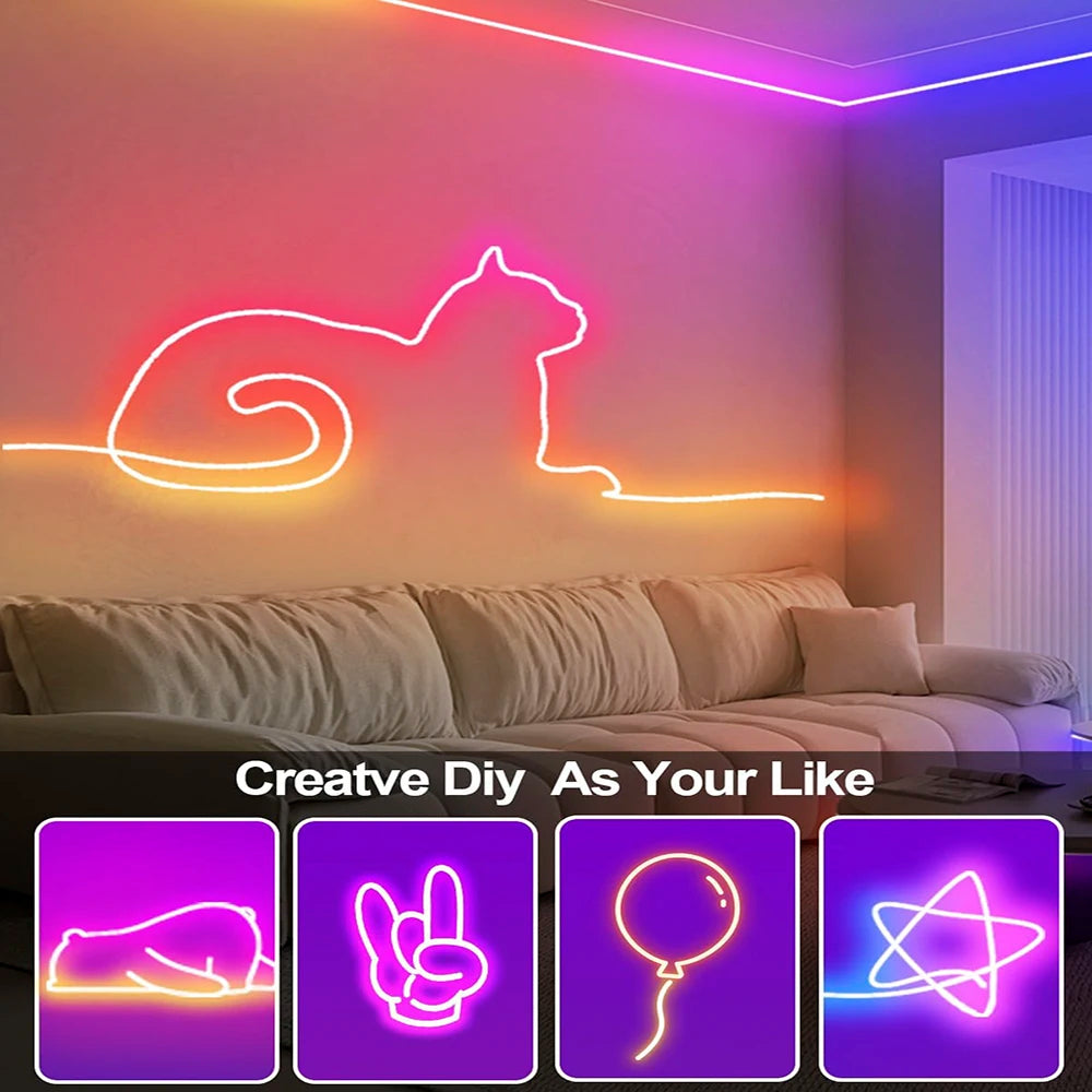 Colorful LED neon rope light outline glow on wall for home decoration