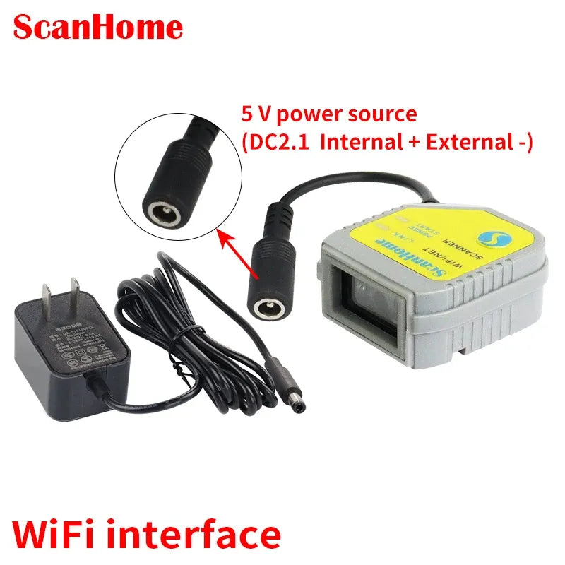 Fixed-mount barcode scanner with WiFi interface and included AC power adapter