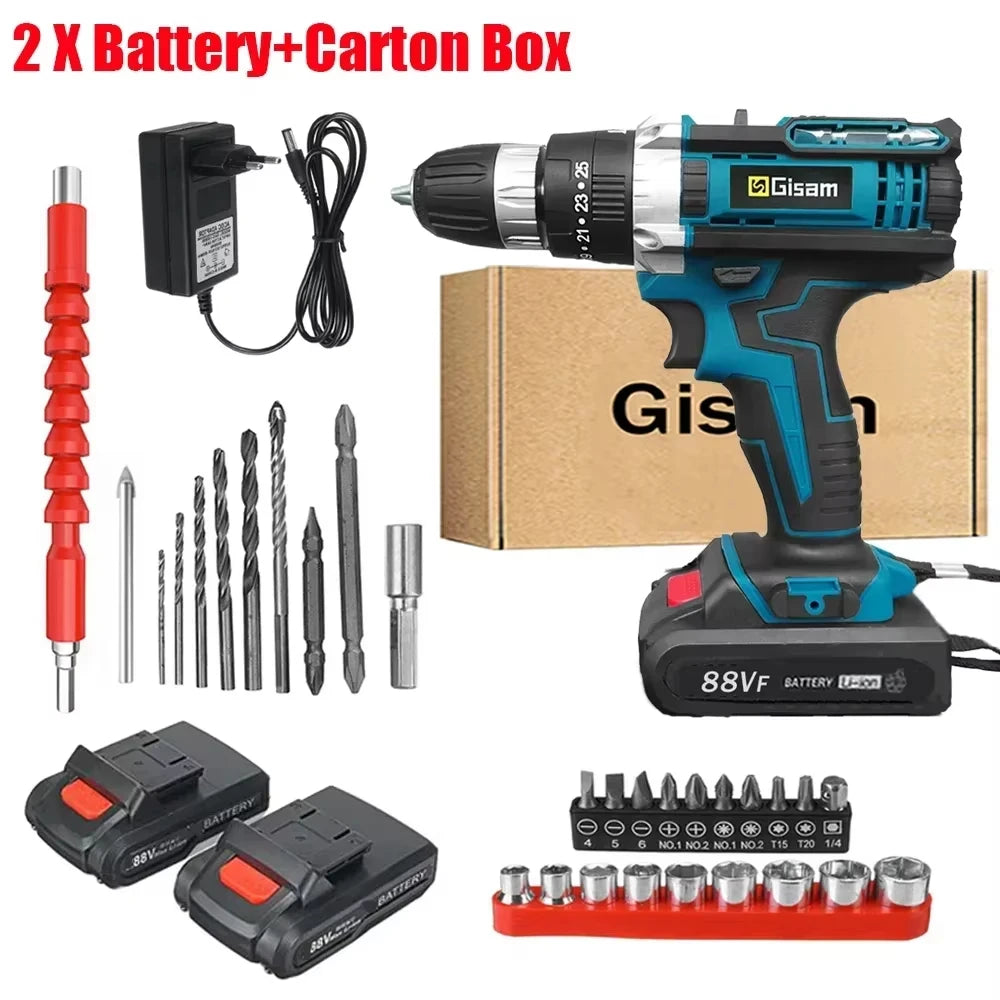 Gisam Cordless Impact Drill Electric Screwdriver Rechargeable Handheld Hammer Drill Power Tool 25+3 Torque Driver Li-ion Battery