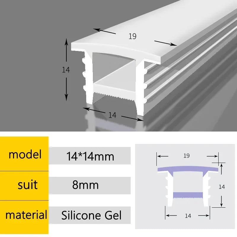 Recessed LED diffuser channel, white silicone gel tube, 14x14mm for 8mm strip