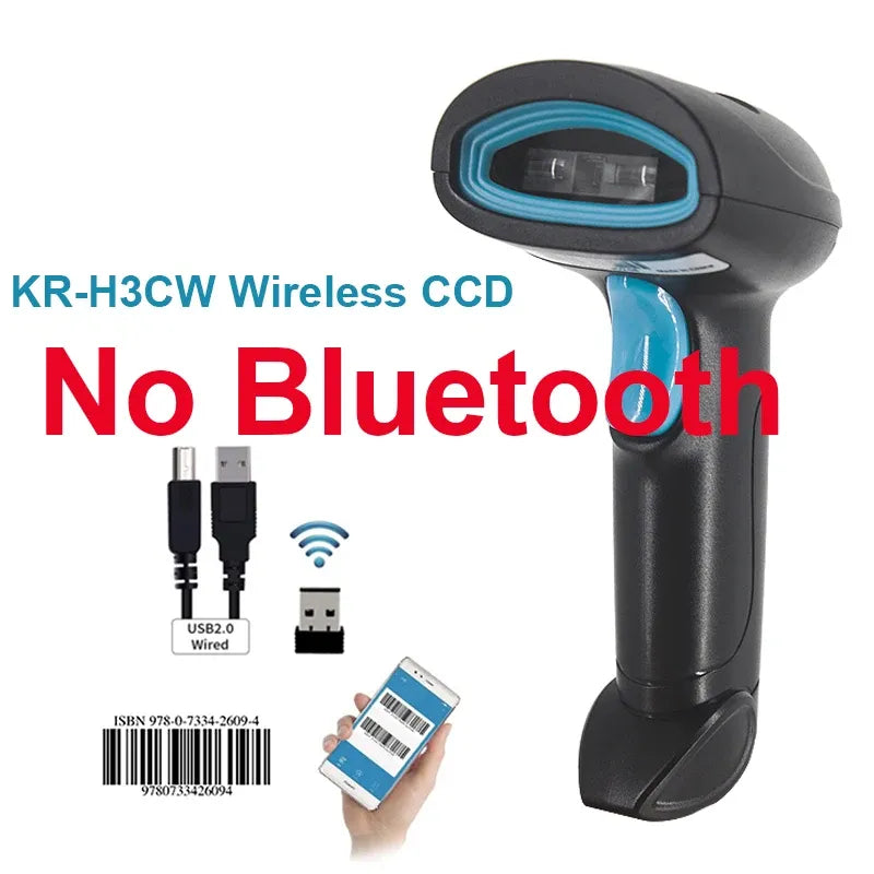 Wireless CCD handheld barcode scanner, black with blue accents and scanning window