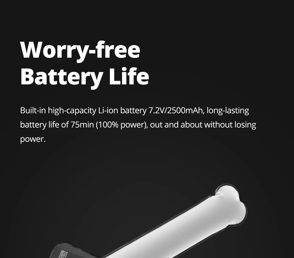 Portable cylindrical LED light wand with a black handle, white diffuser, and a rechargeable 2500mAh lithium battery.