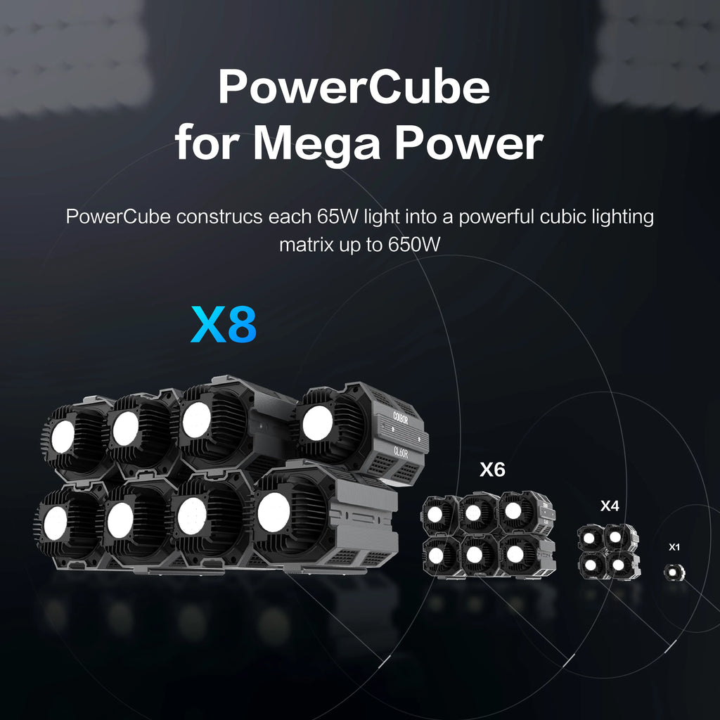 PowerCube modular 65W LED lights in black, shown in cubic configurations from 1 to 8 units for scalable lighting.