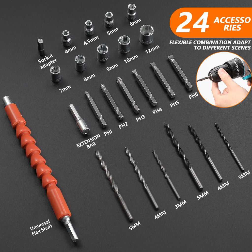 21V Cordless Drill Driver Set 29PCS 35Nm Electric Drill 3/8 Inch Keyless Chuck 25+3 Clutch Variable Speed With 2pcs Batteries