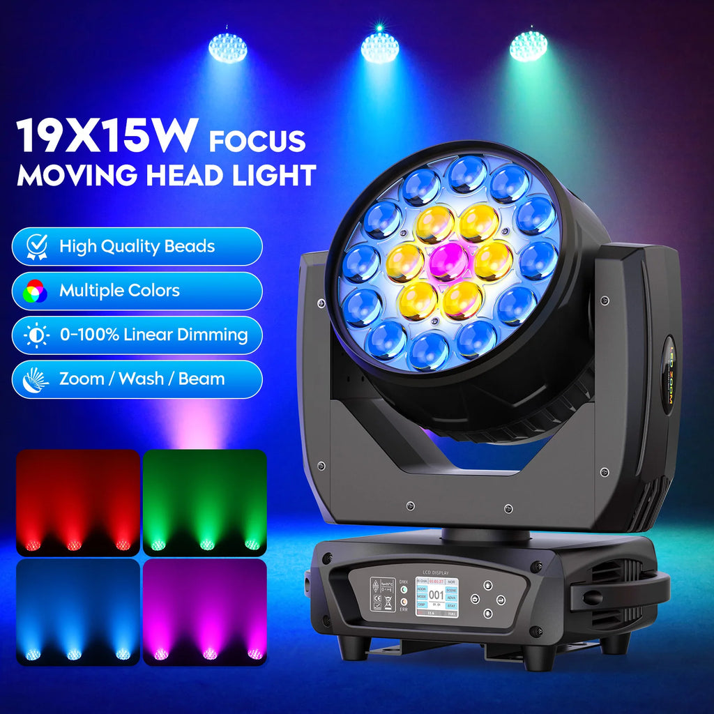 2PCS 19x15W Beam Moving Head Light RGBW LED Lighting Zoom Wash Lights DMX Stage Effect Lighting for Disco Party Concert Theater