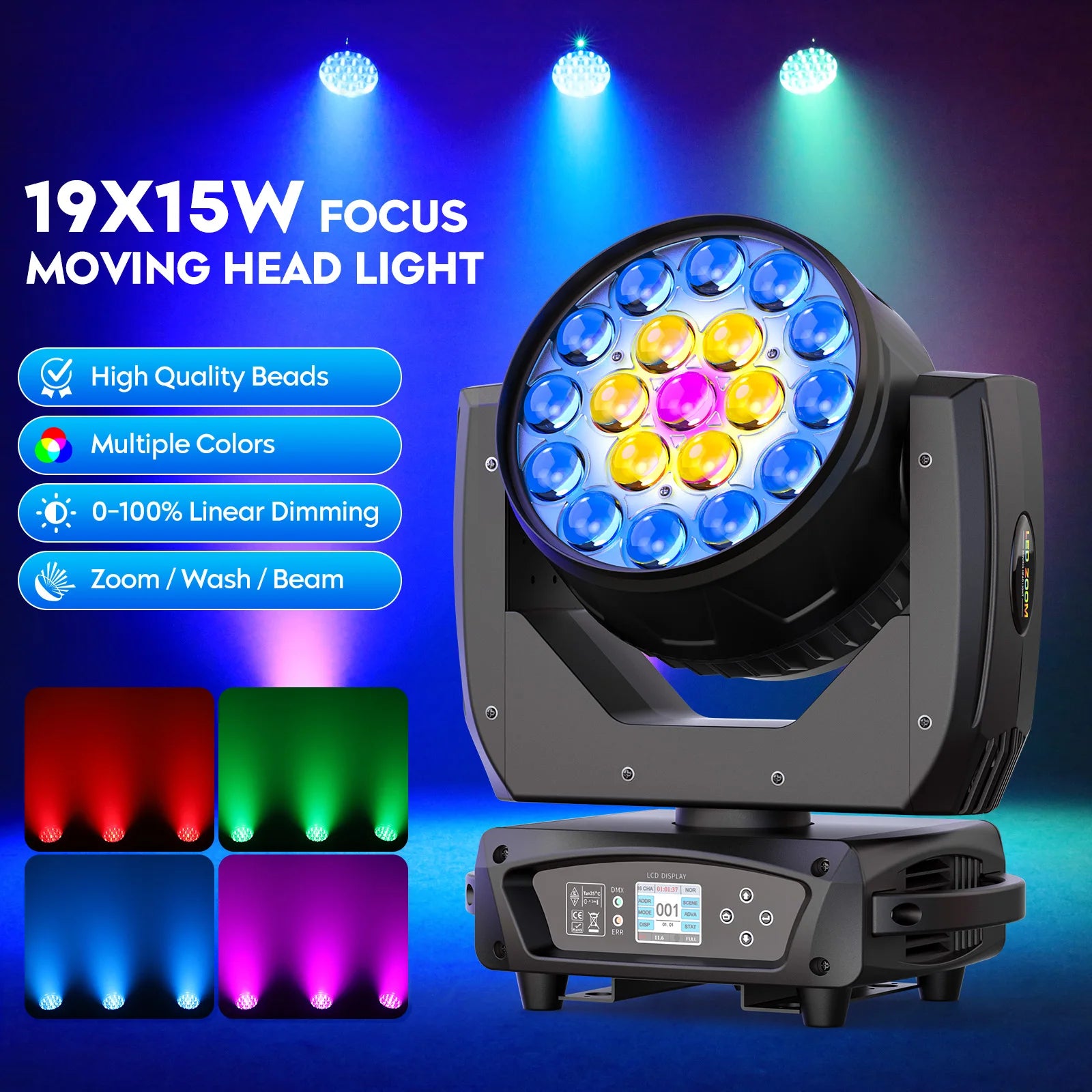 2PCS 19x15W Beam Moving Head Light RGBW LED Lighting Zoom Wash Lights DMX Stage Effect Lighting for Disco Party Concert Theater