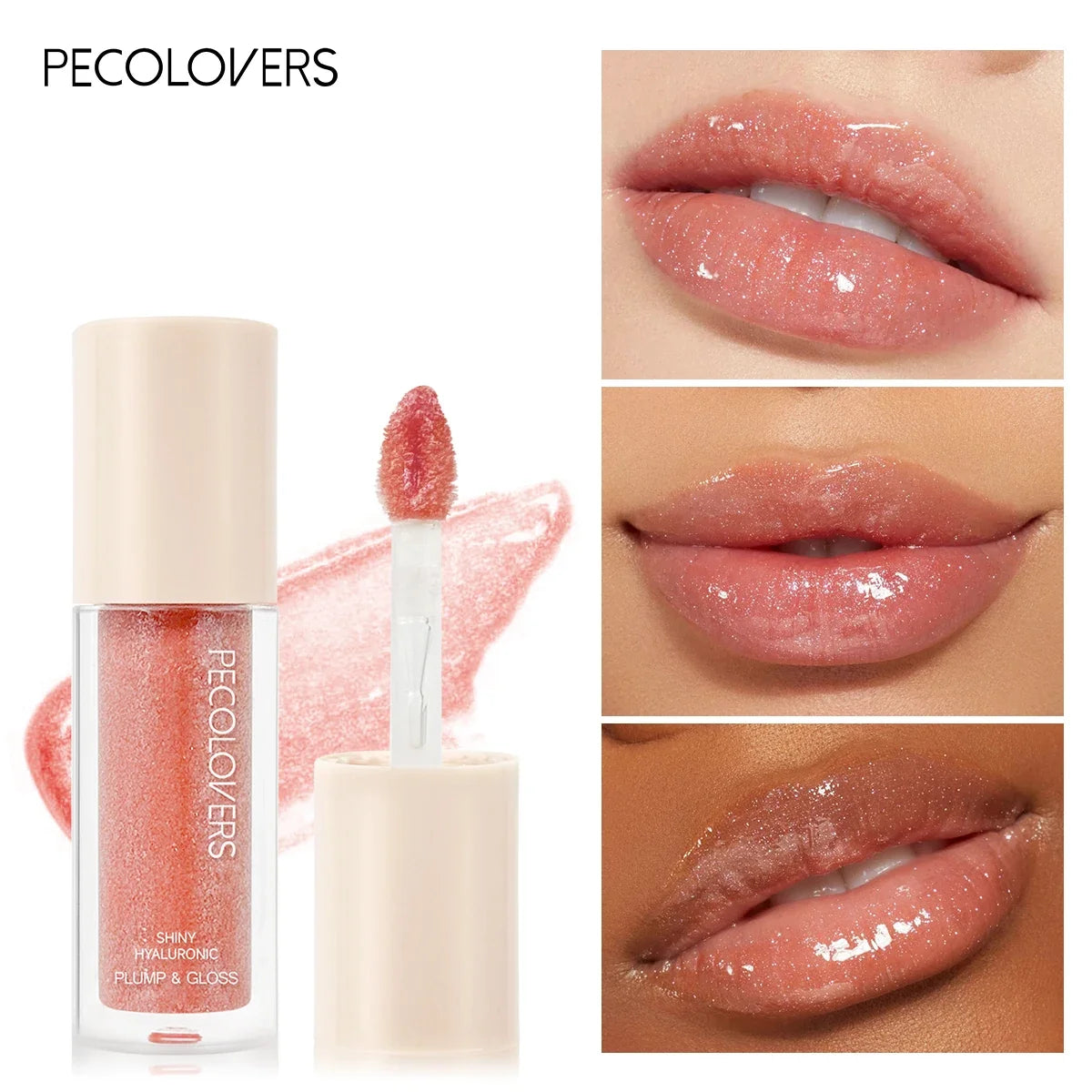 PECOLOVERS glitter plumping lip gloss with a high-shine, moisturizing finish and sparkly peach-toned liquid texture.