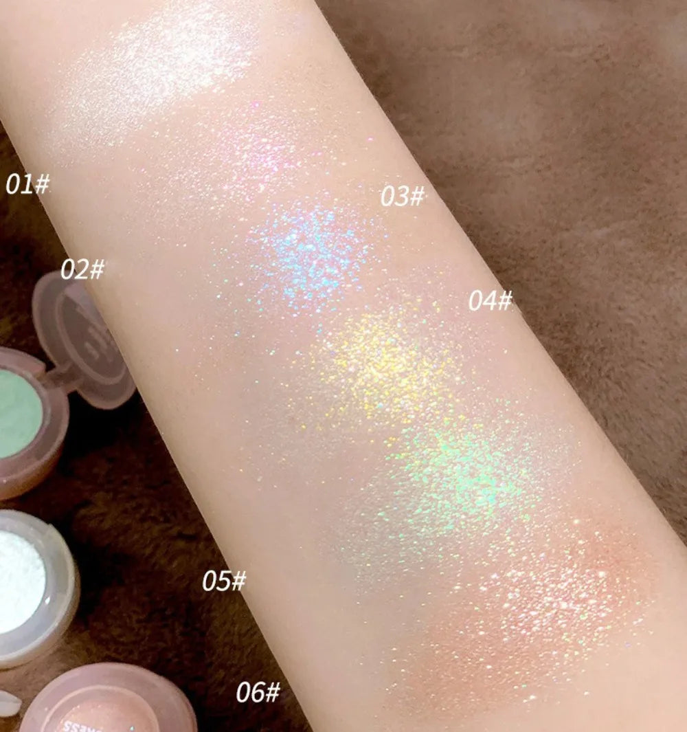 Tidesmit monochrome glitter eyeshadow and shimmering highlighter powder texture close-up for radiant face makeup