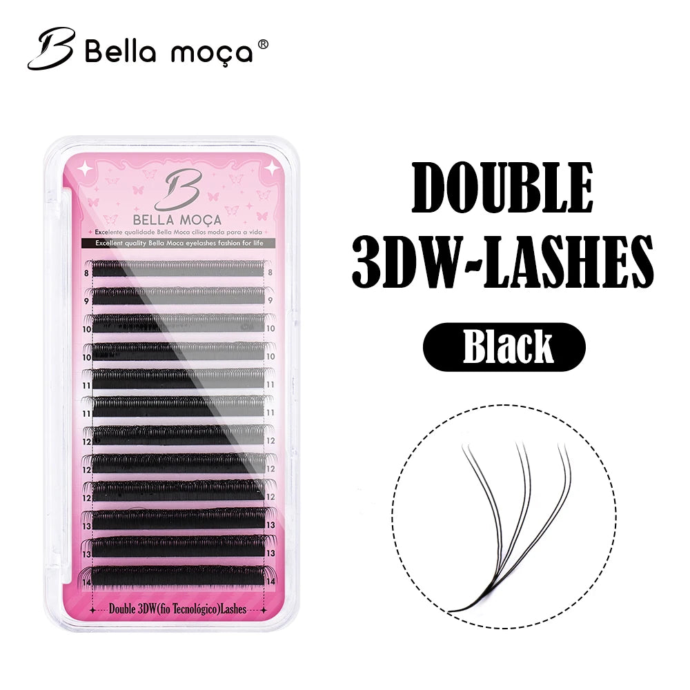 Tray of black 3DW volume lashes in a pink case, with length markings from 8mm to 14mm and a detailed fan illustration.