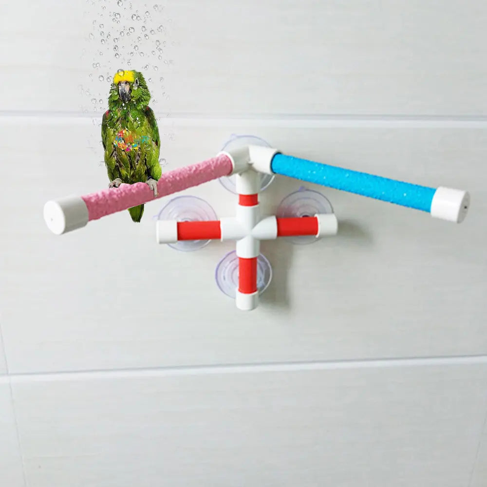 Colorful suction cup parrot shower perch with paw-grinding texture for safe, fun bird bathing on shower walls.