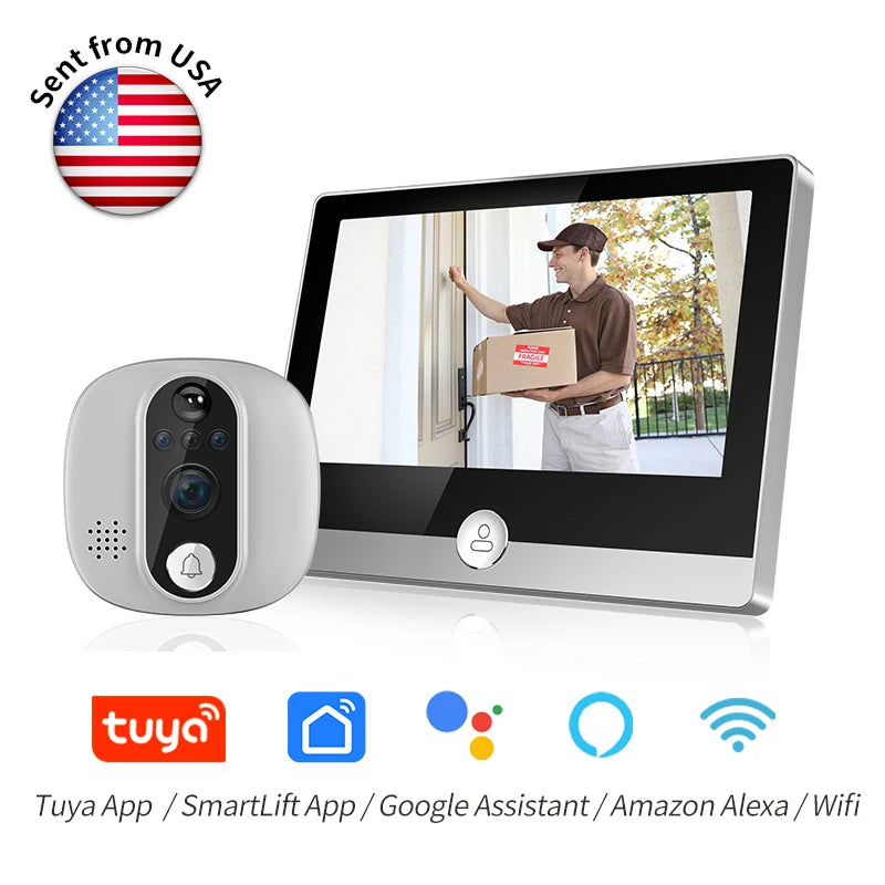 KAK Wifi Smart Door Bell Camera 4.3" Video Door Peephole Door Viewer 170 Degree Motion Detection Tuya APP Alexa Google Assistant