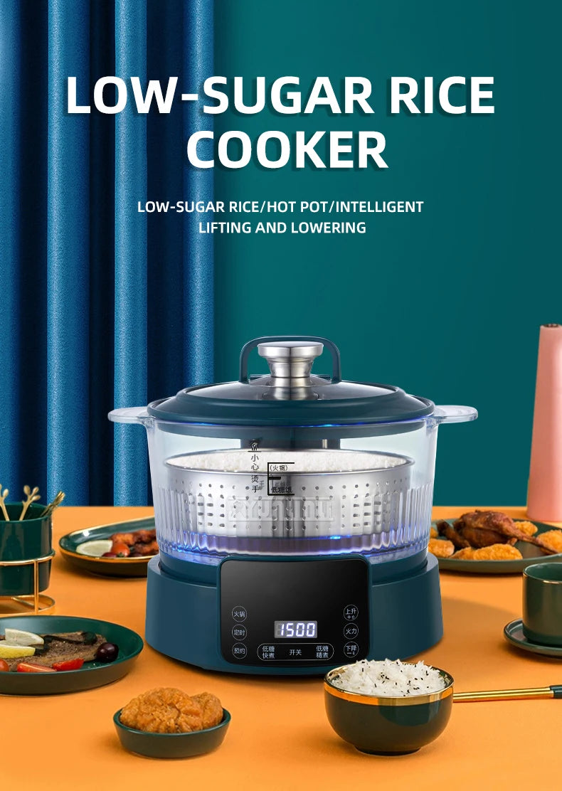 Blue electric rice cooker with clear lid and perforated basket, showing rice inside