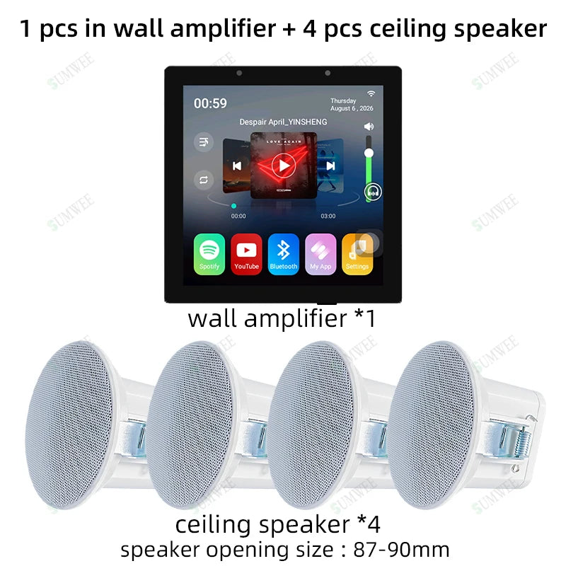 TUYA Smart Home Audio In Wall Amplifier WiFi Bluetooth Music Sound Control Panel Touch Screen Android 11 System Ceiling Speaker