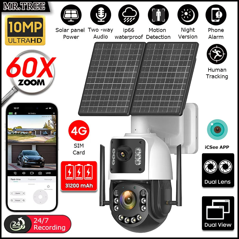 Metal AOV Solar Security Camera 4K 4G SIM 60X Optical Zoom Human  Tracking 31200 Mah 24 Hours Record Home Outdoor Surveillance