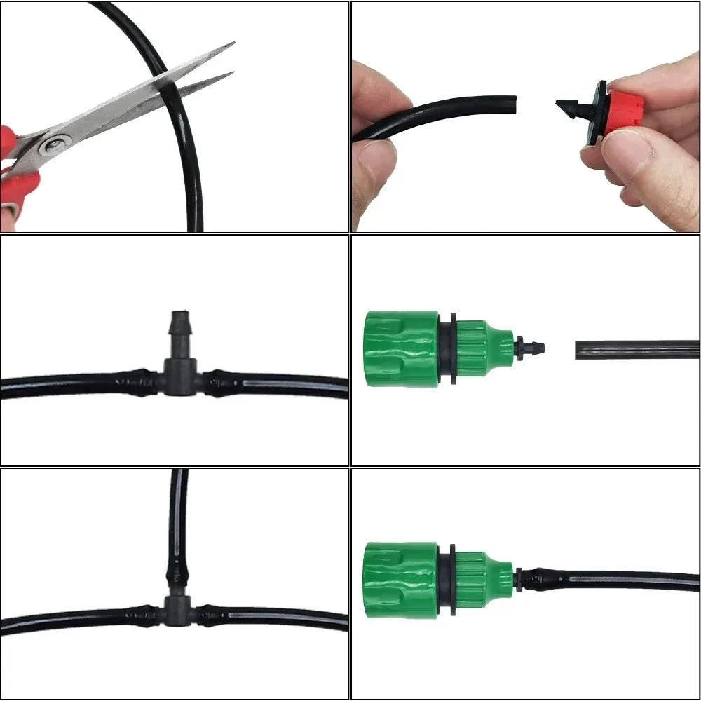 Drip irrigation tubing connector assembly with green and red couplers on black hose