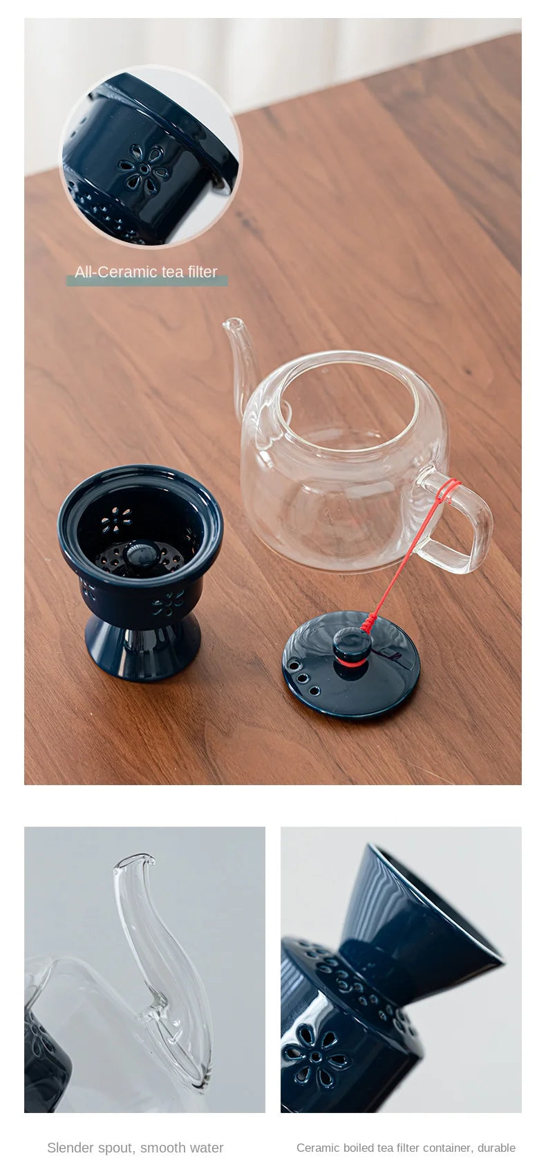 Clear glass teapot with a dark blue ceramic filter, floral detail, and lid on a wooden table.