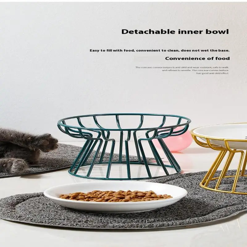 Detachable ceramic raised pet bowl with green metal stand for easy feeding of cats and dogs.