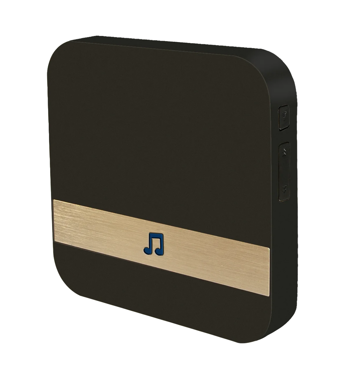 Black wireless doorbell chime receiver with gold accent strip and blue music icon