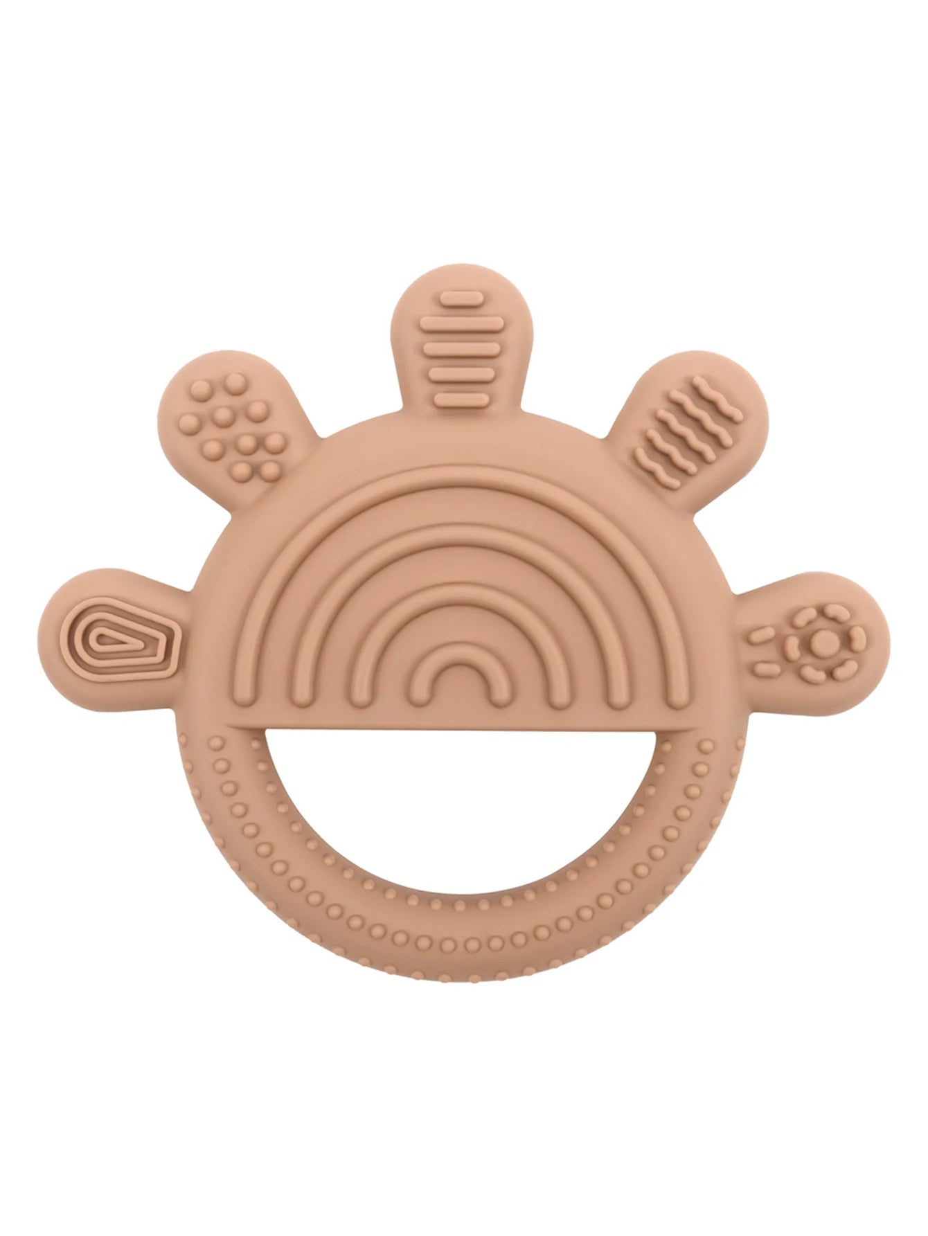 Tan silicone teething toy for baby, ring design with textured patterns for pain relief.
