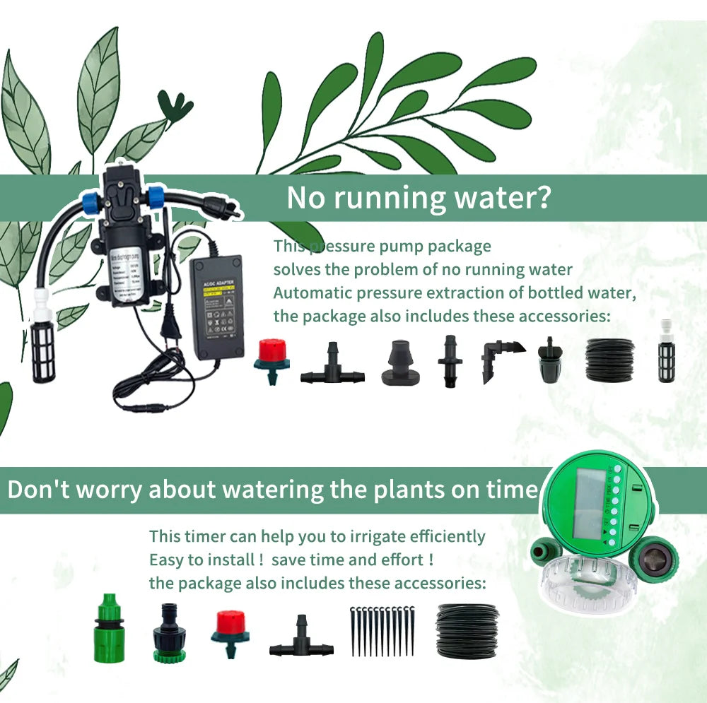 Automatic pressure pump and timer kit with connectors, nozzles, and tubing parts