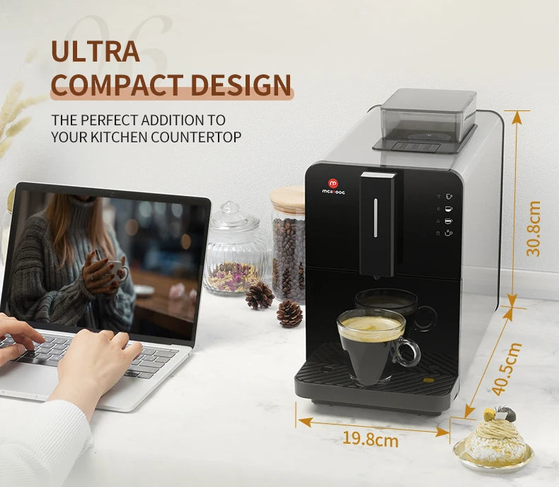 McArooc ultra-compact black automatic coffee machine on kitchen counter with dimensions 19.8x40.5x30.8cm.