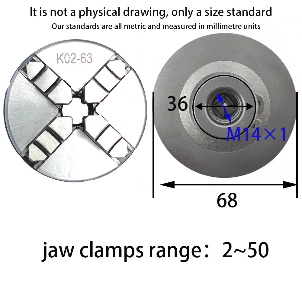 Mini chuck size diagram for K02-63, M14x1 thread with jaw layout, 68mm