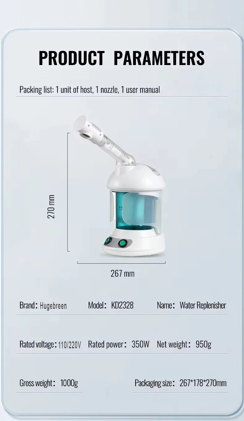 White and blue nano ionic facial steamer for deep pore cleansing, spa, and home skincare moisturizing treatment.