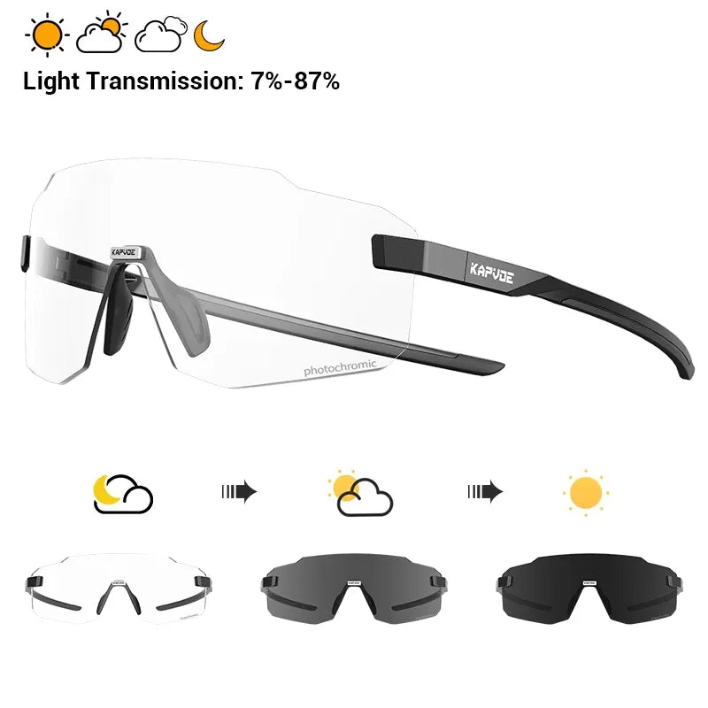 Sport cycling sunglasses with clear photochromic lenses and black frame
