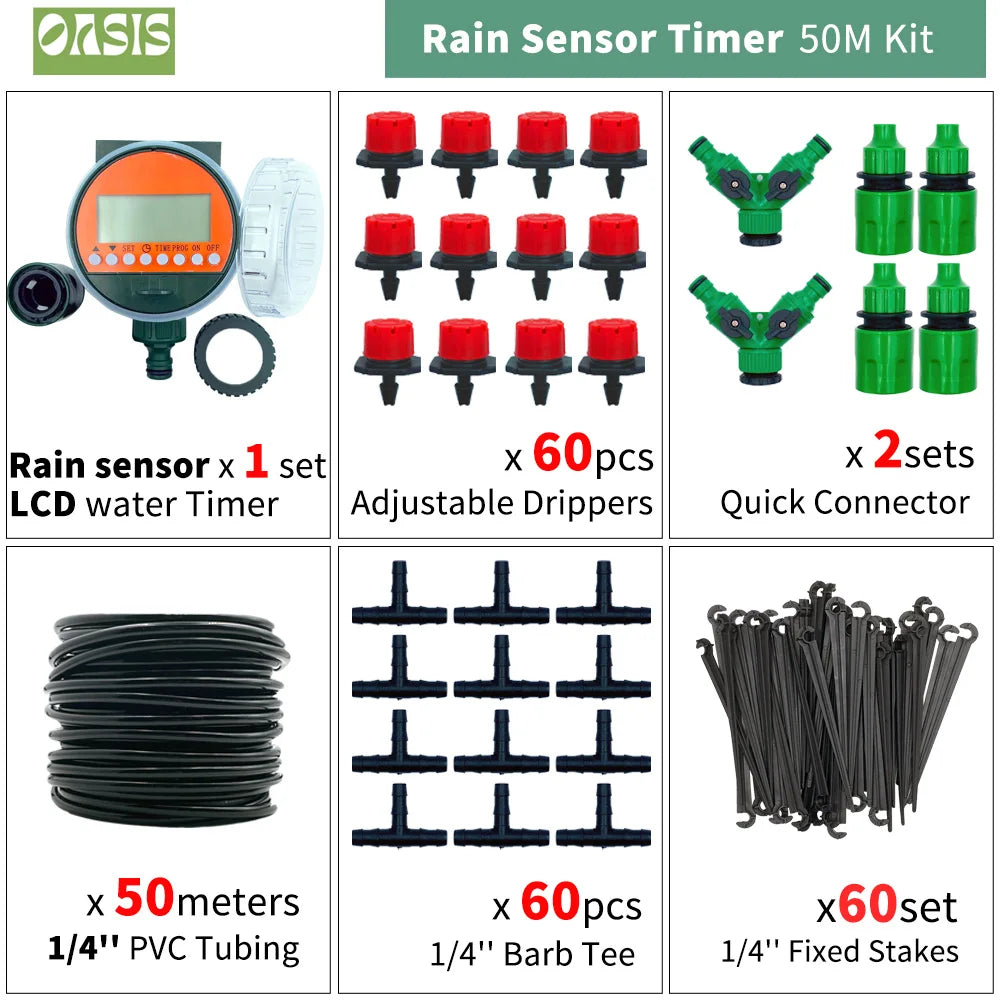 OASIS 50M-5M DIY Drip Irrigation System Automatic Watering Garden Hose Micro Drip Watering Kits with Adjustable Drippers