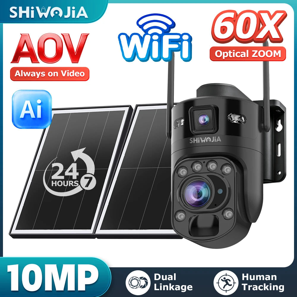 SHIWOJIA AI Ubox 4K 60X Optical Zoom 4G Solar Camera Dual Screen Outdoor WiFi PTZ PIR Detection Human Auto Tracking CCTV Cameras