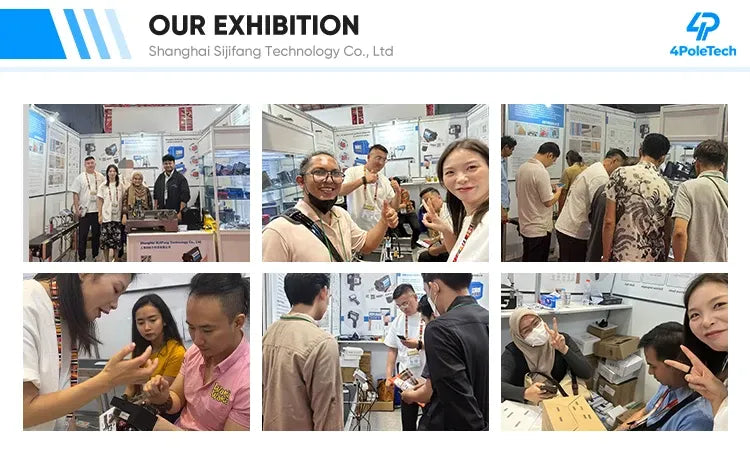 7-inch screen inkjet printer exhibition photo collage with people at a booth