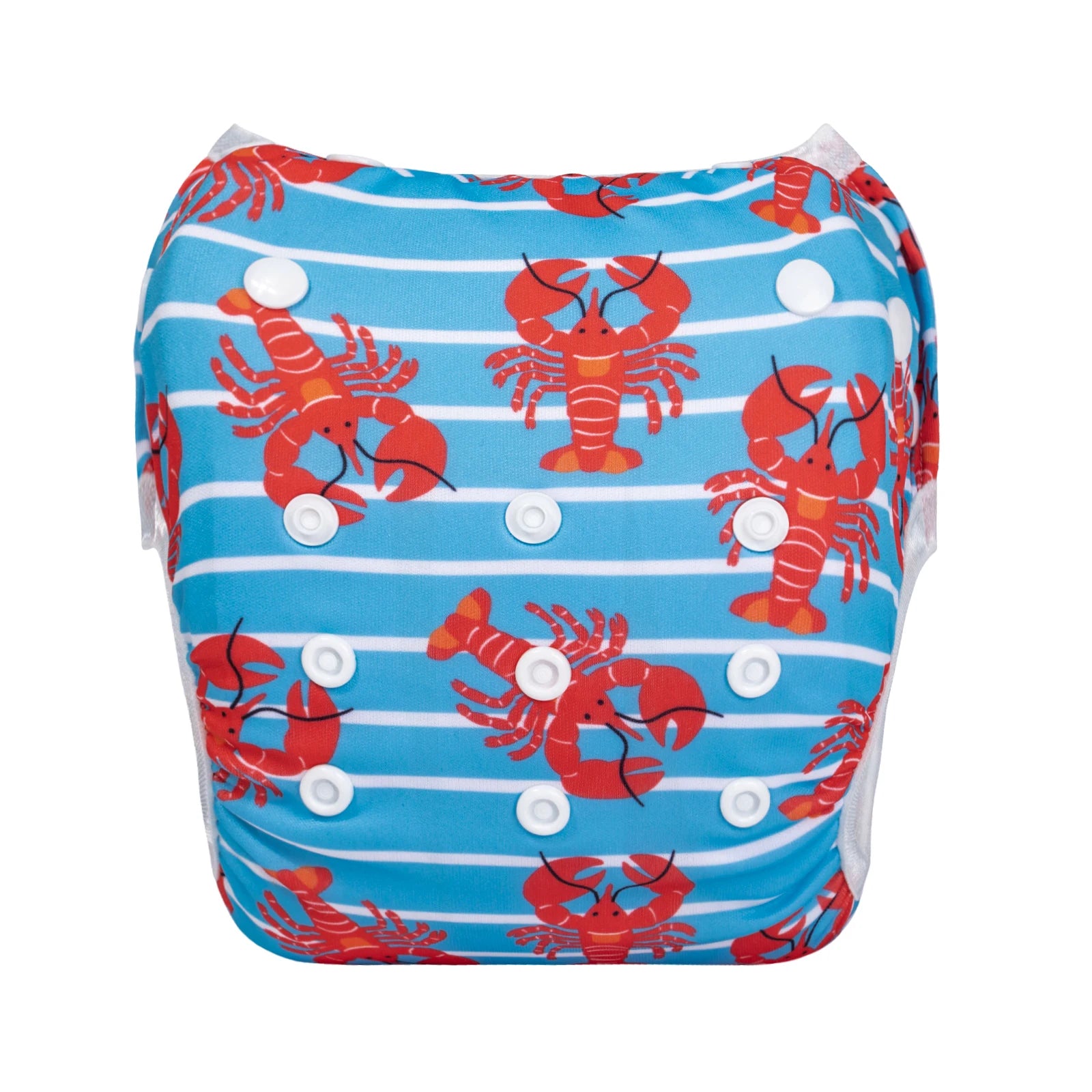 Adjustable cloth baby diaper featuring a blue striped pattern with red lobster prints.