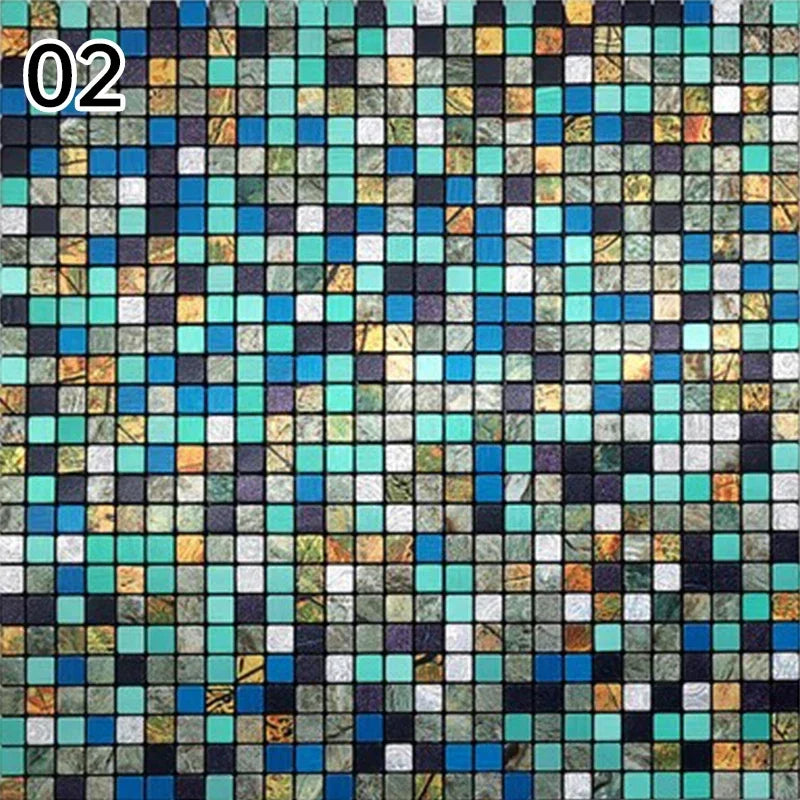 Self-adhesive mosaic wall decal with multicolor glass-look tile squares, teal and dark accents