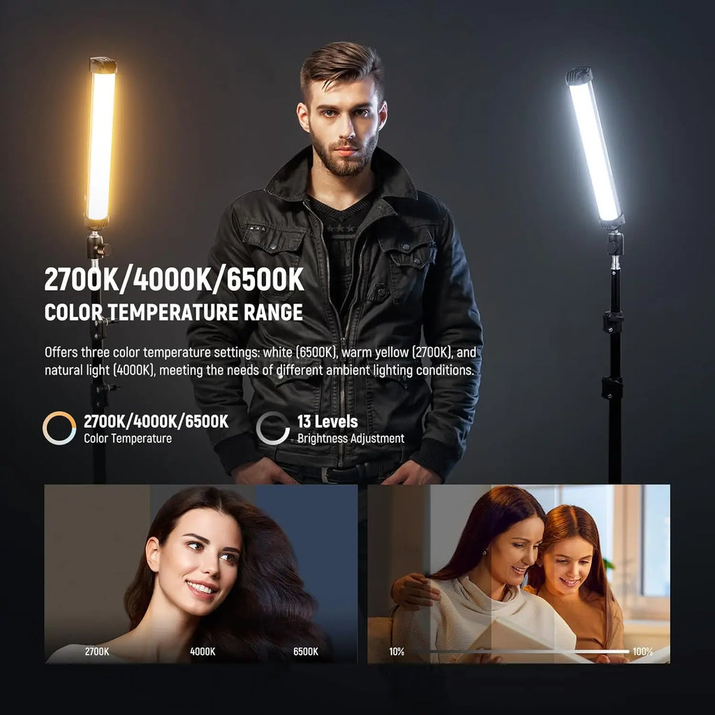 Two LED light wands on stands with adjustable color temperature and brightness for photography and video lighting.
