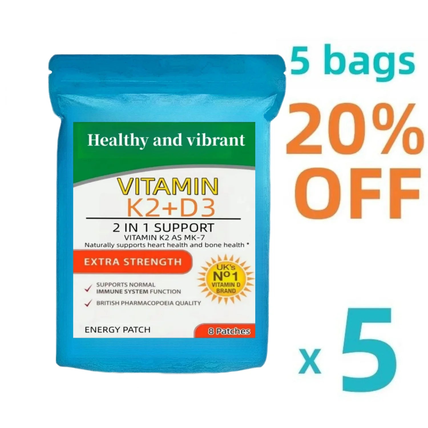 Vitamin K2 ( With D3 Patches 8 Week Supply, Contains Vitamin D & K Complex Premium Non Gmo, Biotin & Folic Acid