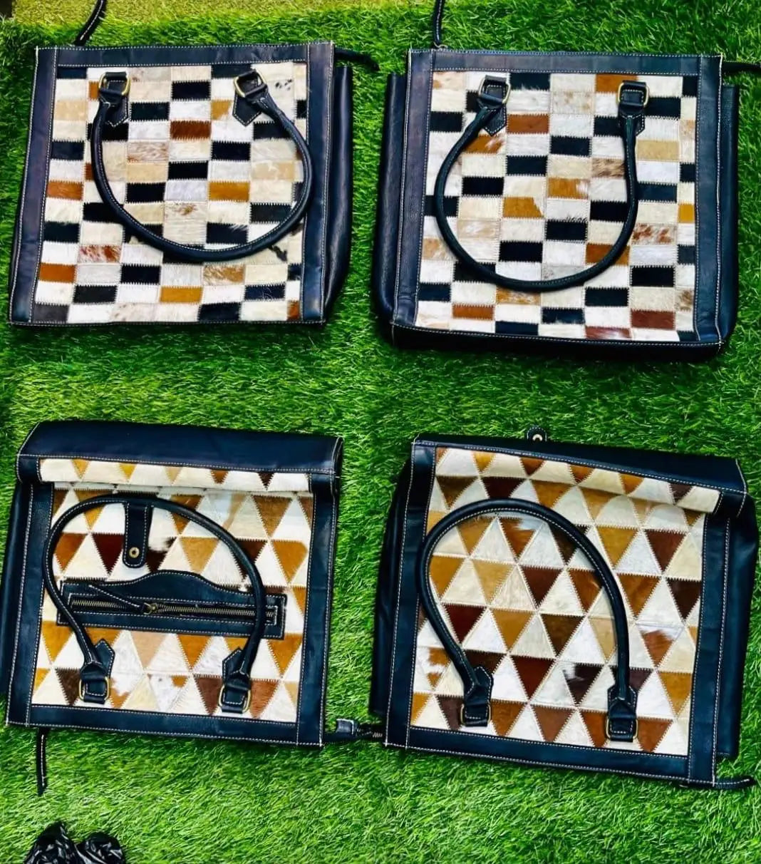 Stylish geometric full-grain leather handbags with zip closures, round handles, and patterned hair-on-hide for daily use.