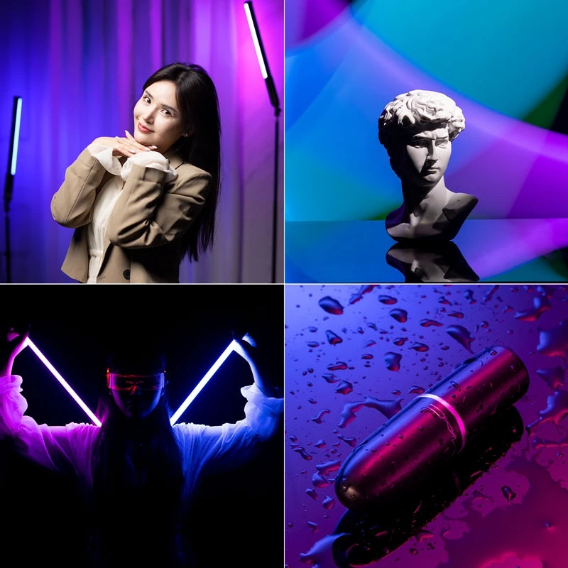 Two vertical LED light sticks used for portrait, sculpture, and creative product photography in colorful studio